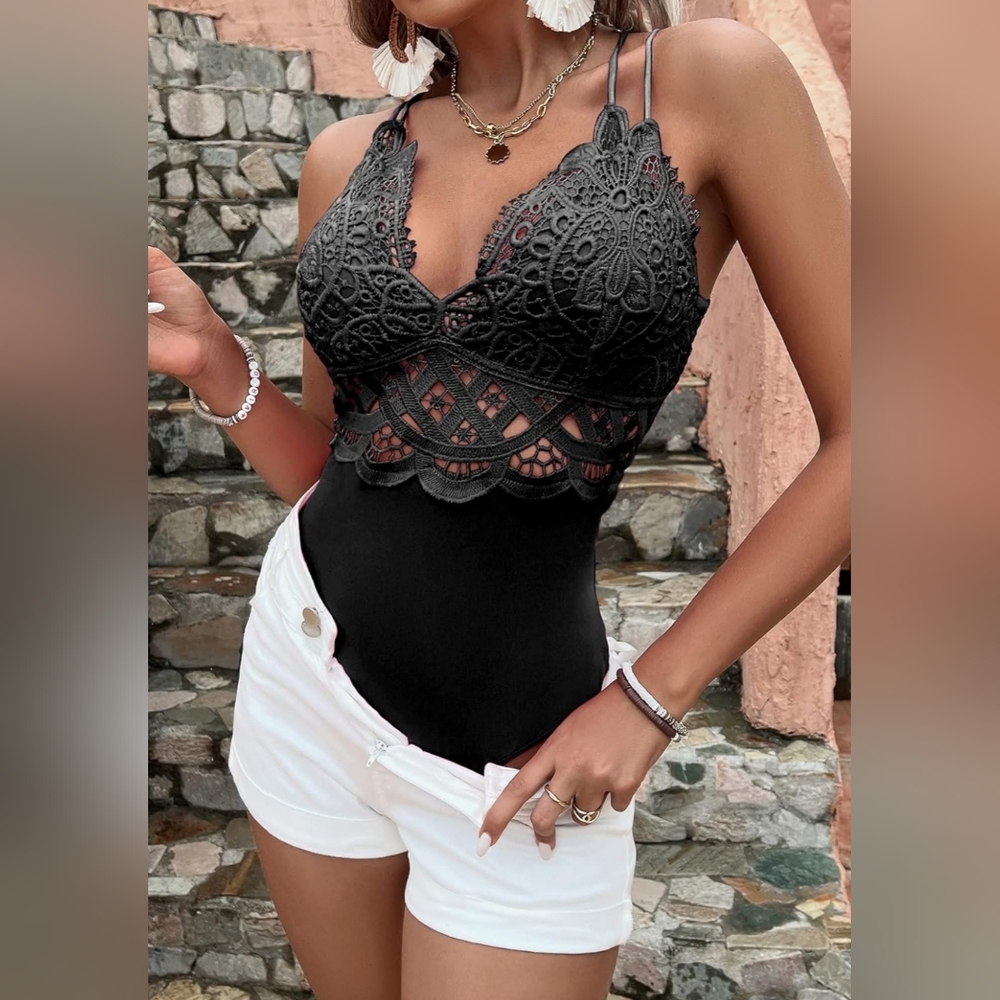 BSXIJIE Women's Bodysuit Sexy Hollow-Out Lace Deep V Neck Spaguetty Straps